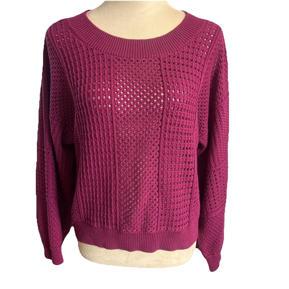 Moth Anthropologie Womens S Cotton Blend  Magenta Knit Sweater Open Stitch Rib